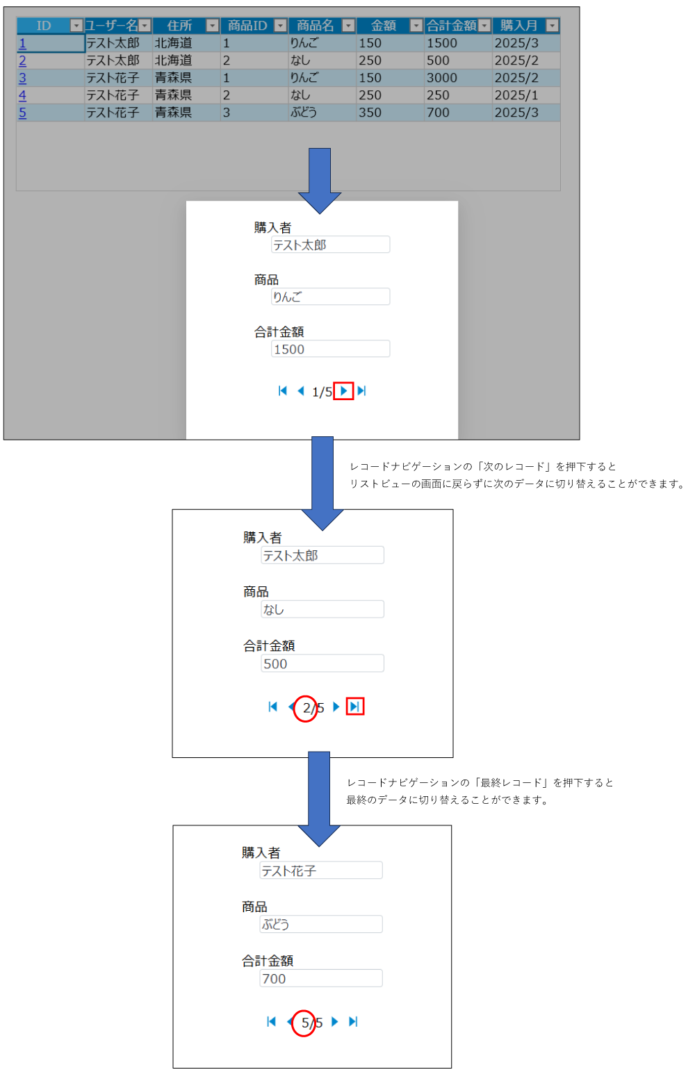 レコードナビゲーションを使って個別のデータを1件ずつ切り替える例画面