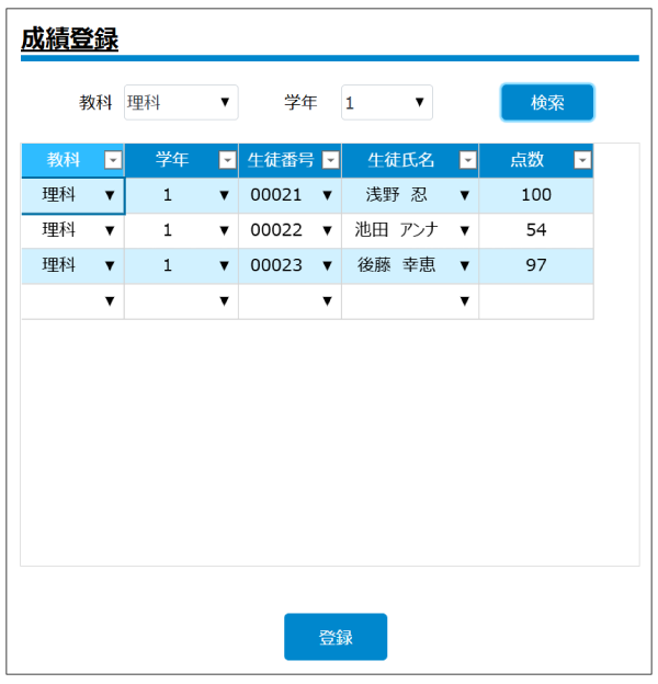 データが登録された成績登録画面