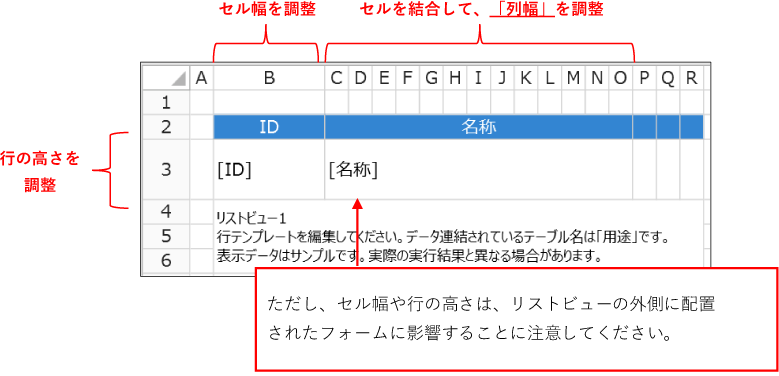 ただし、セル幅や行の高さは、リストビューの外側に配置されたフォームに影響することに注意してください。