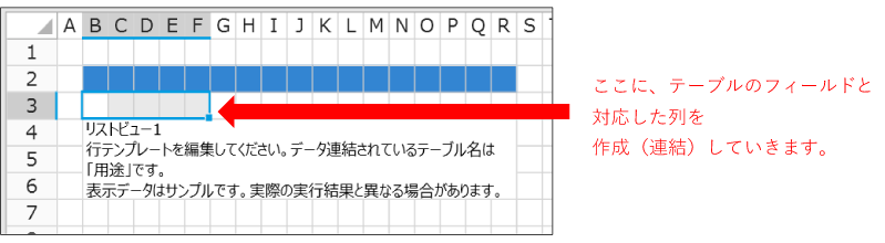 ここに、テーブルのフィールドと対応した列を作成（連結）していきます。