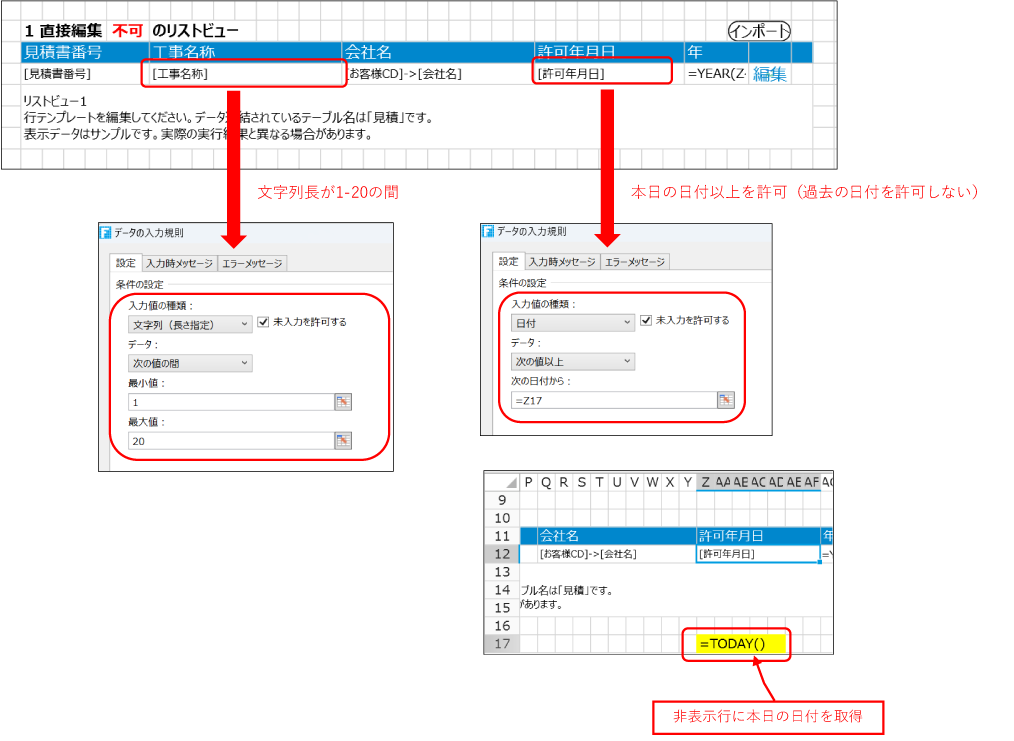 文字列長が1-20の間、本日の日付以上を許可（過去の日付を許可しない）、非表示行に本日の日付を取得