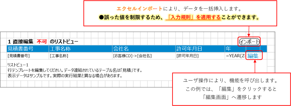 エクセルインポートにより、データを一括挿入します。誤った値を制限するため、「入力規則」を適用することができます。