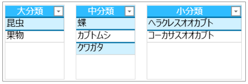 小分類にカブトムシの一覧が表示された画面