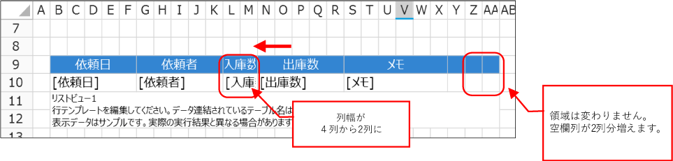 領域は変わりません。空欄列が2列分増えます。