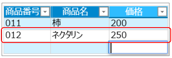 新規行の追加を行った画面