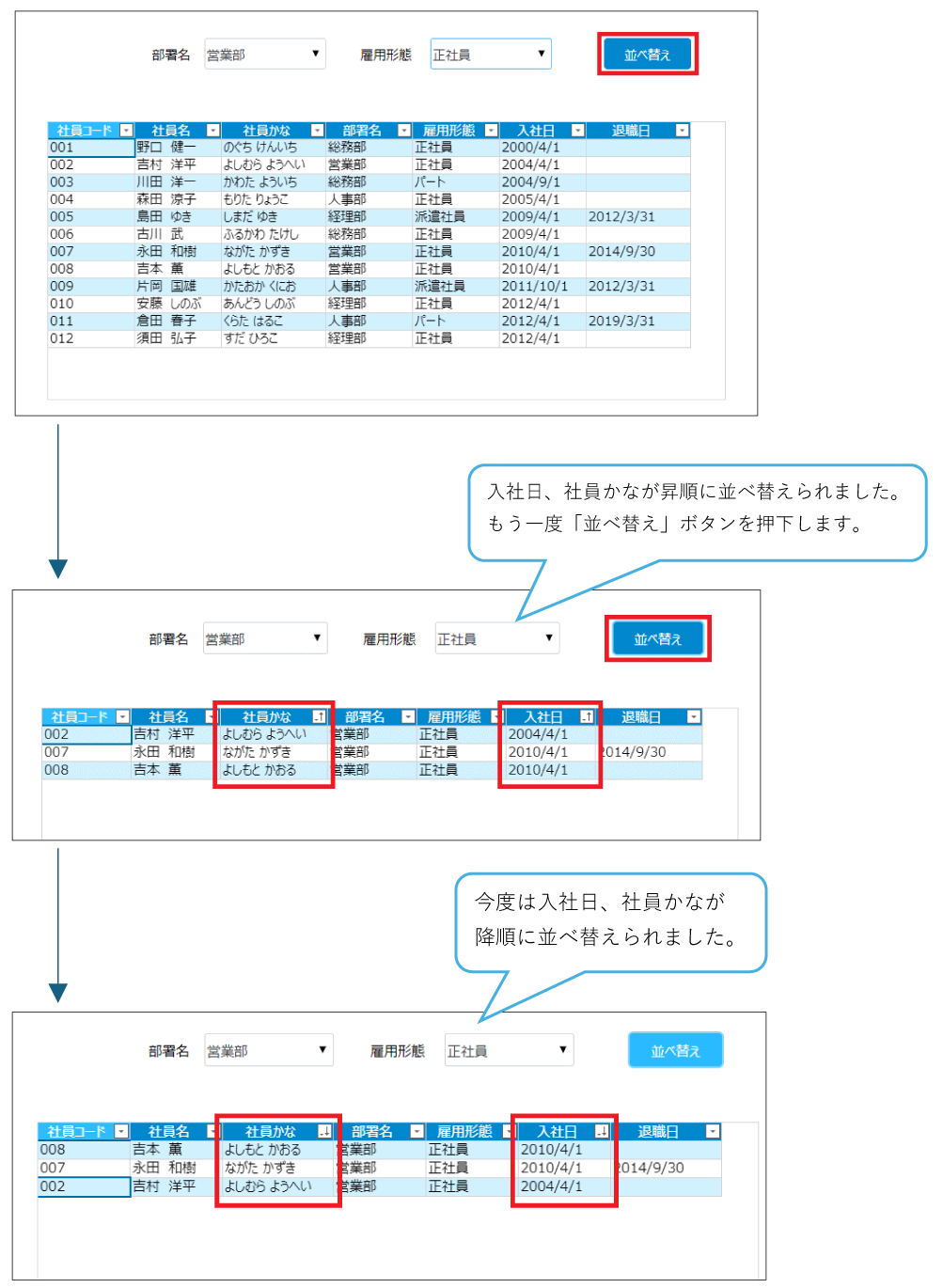 フィールド［入社日］［社員かな］の並び順をそれぞれ「交互に切替」とした場合の実行結果